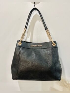 Michael Kors Black Pebbled Leather Shoulder Bag with Gold Chain Accents